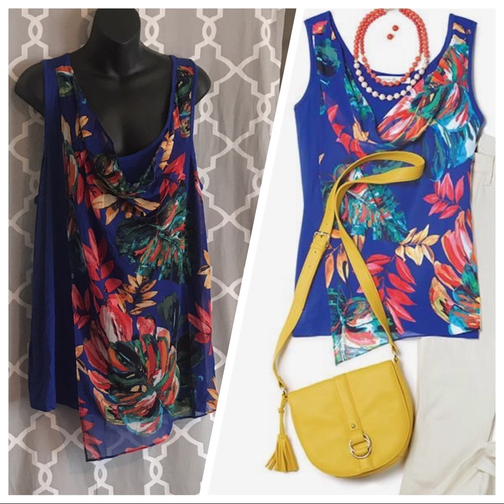 Spring Blue Palm-Printed Layered Tank Women’s 2X